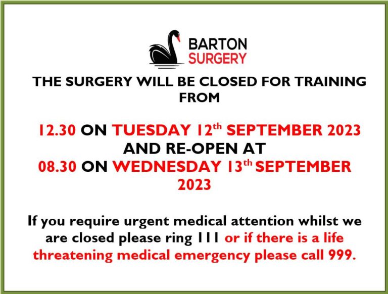 Barton Surgery Closed for Training September 2023 Barton Surgery