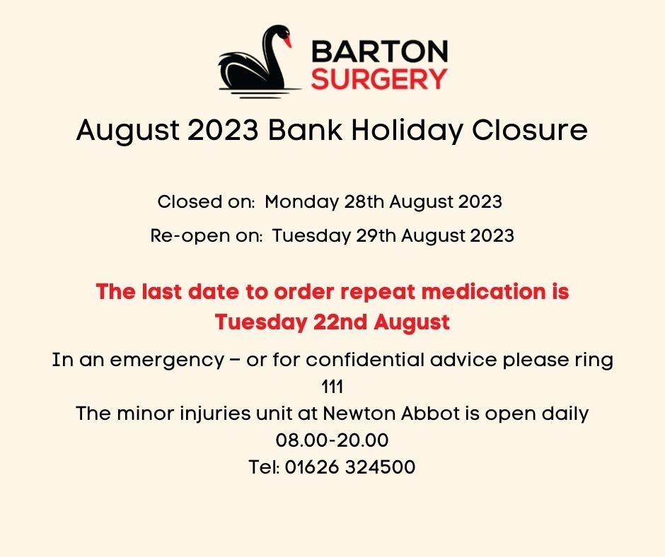 August Bank Holiday Closure Barton Surgery