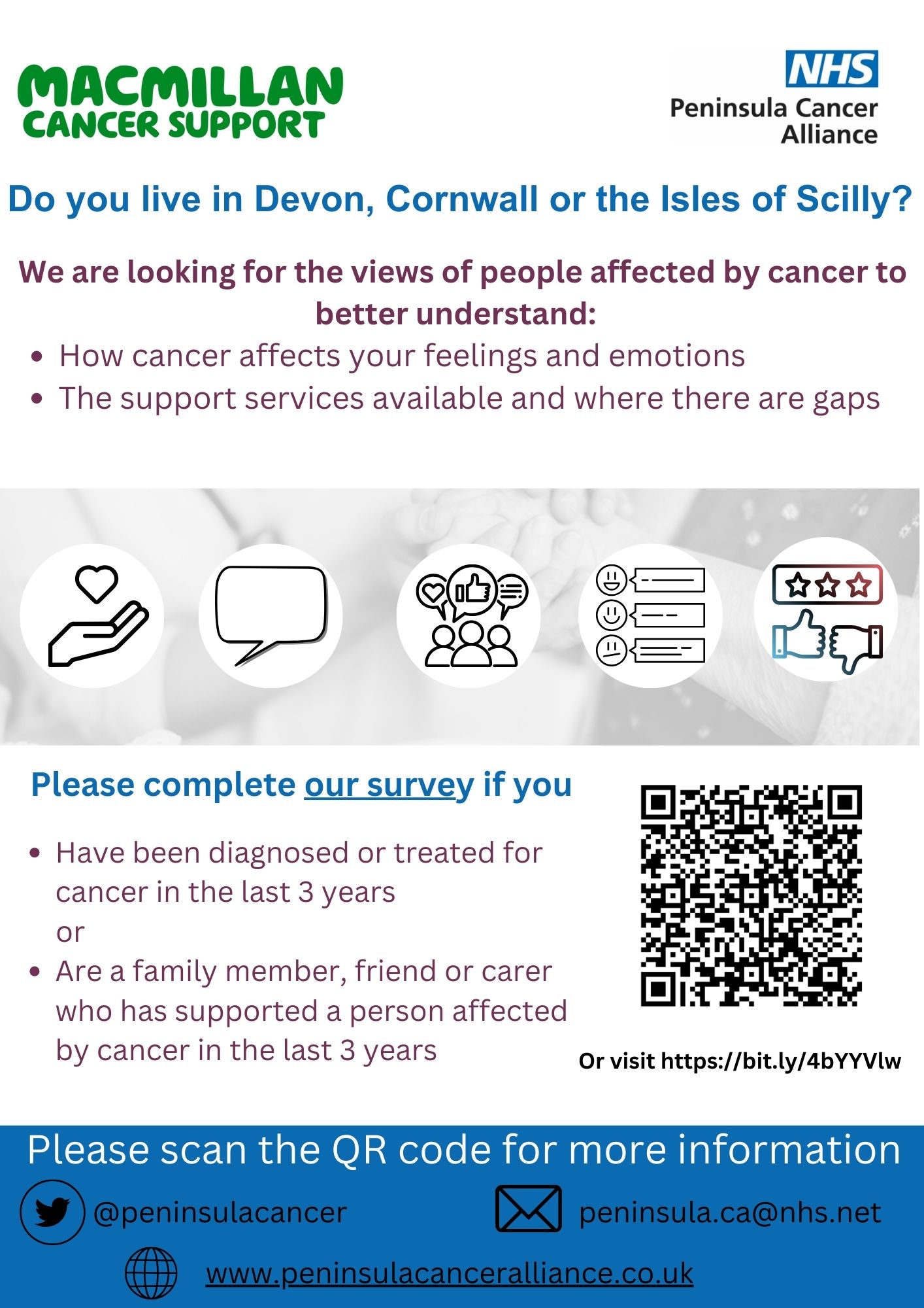As part of the project, we are looking for the views and experiences of people in Devon, Cornwall and the Isles of Scilly affected by cancer to better understand how cancer affects people’s feelings and emotions and the support services available and where there are gaps.