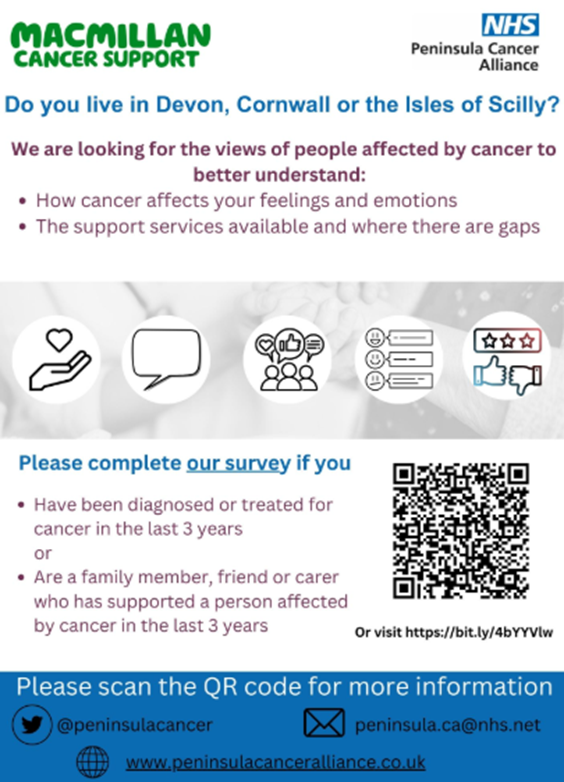 As part of the project, we are looking for the views and experiences of people in Devon, Cornwall and the Isles of Scilly affected by cancer to better understand how cancer affects people’s feelings and emotions and the support services available and where there are gaps.